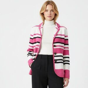 Cheryl Nash Pink Black. White Striped Knit Button Up Cardigan Sweater  M